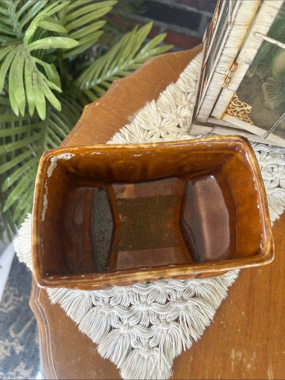 Vintage Amber Brown Drip Glazed Ceramic Planter